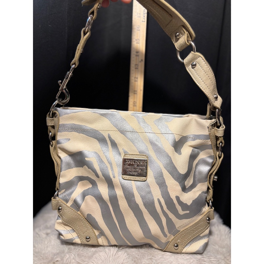 DKNY Metallic Silver Zebra Print Shoulder Bag Studded Hobo Red Lining